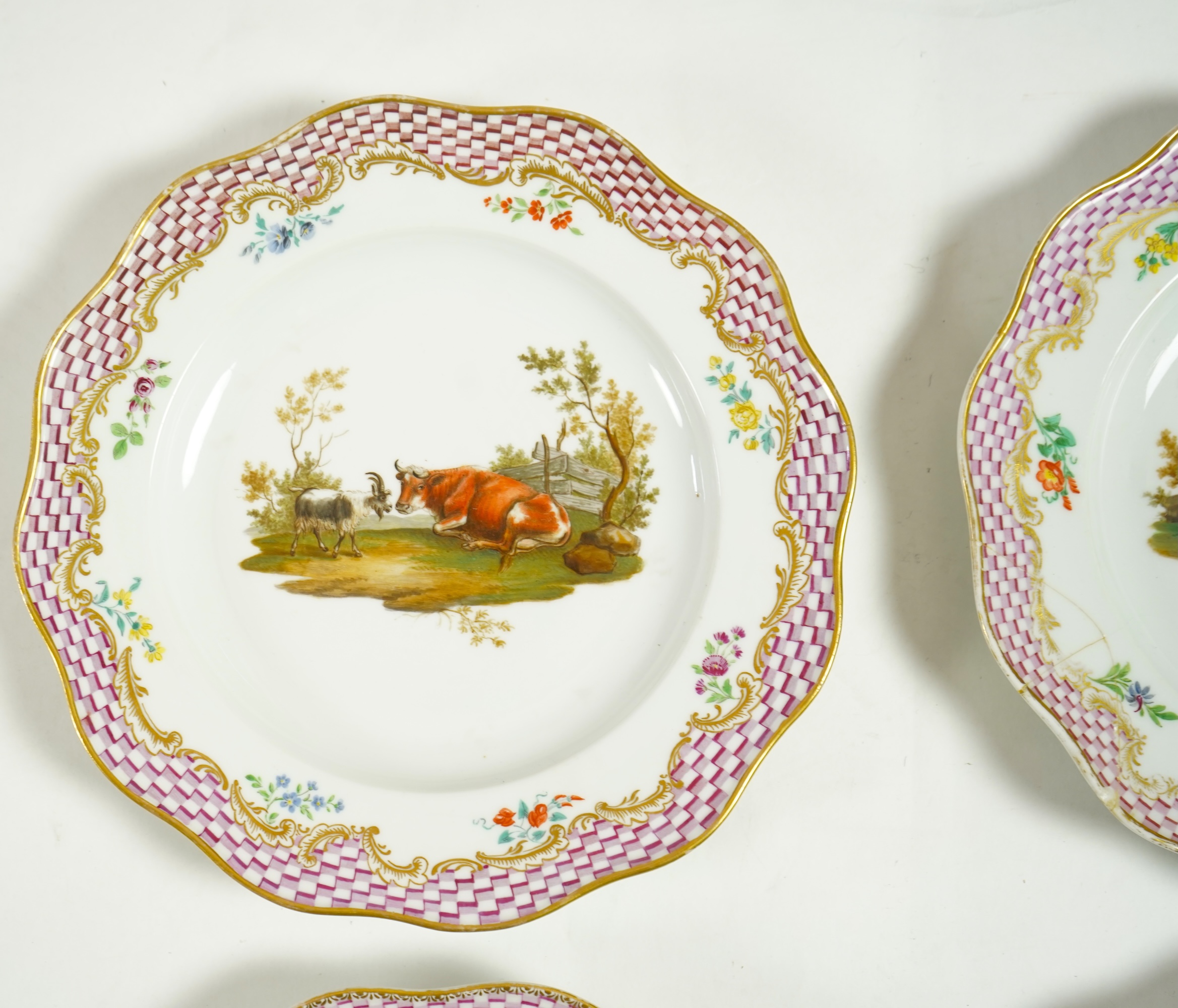 Four Meissen pastoral landscape plates, c.1760